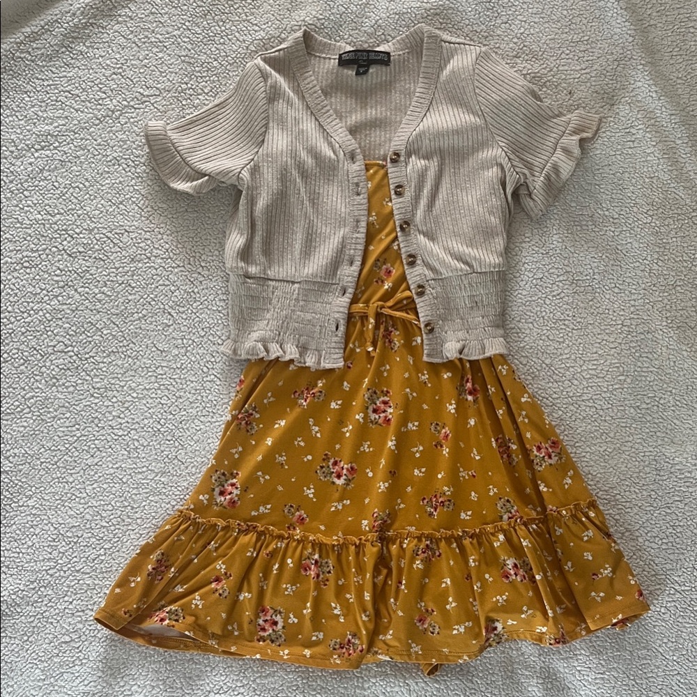 Three Pink Hearts Mustard Floral Dress & Beige Cardigan Set – Girls Size Small
